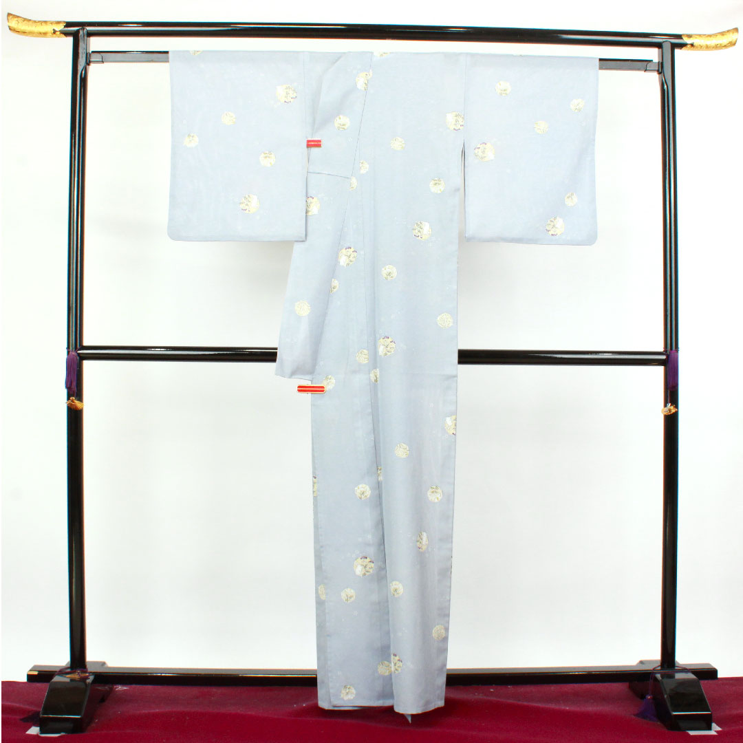 Summer kimono, polyester, small pattern, length 161cm, sleeve length 65cm, pale white, rabbit, floral pattern, washable kimono, silk, A rank, light blue, 1132000863424