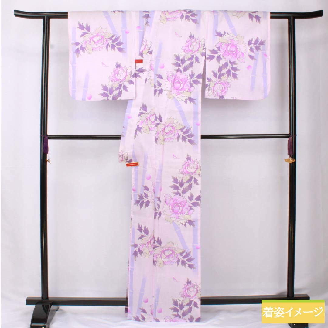 Cotton Yukata, Length 166cm, Sleeve Length 67.5cm, A-Rank, Single-Layer, Purple with Light Wisteria (Usu-Fujiiro), Peony and Bamboo Design, Product Number: 1118006053520