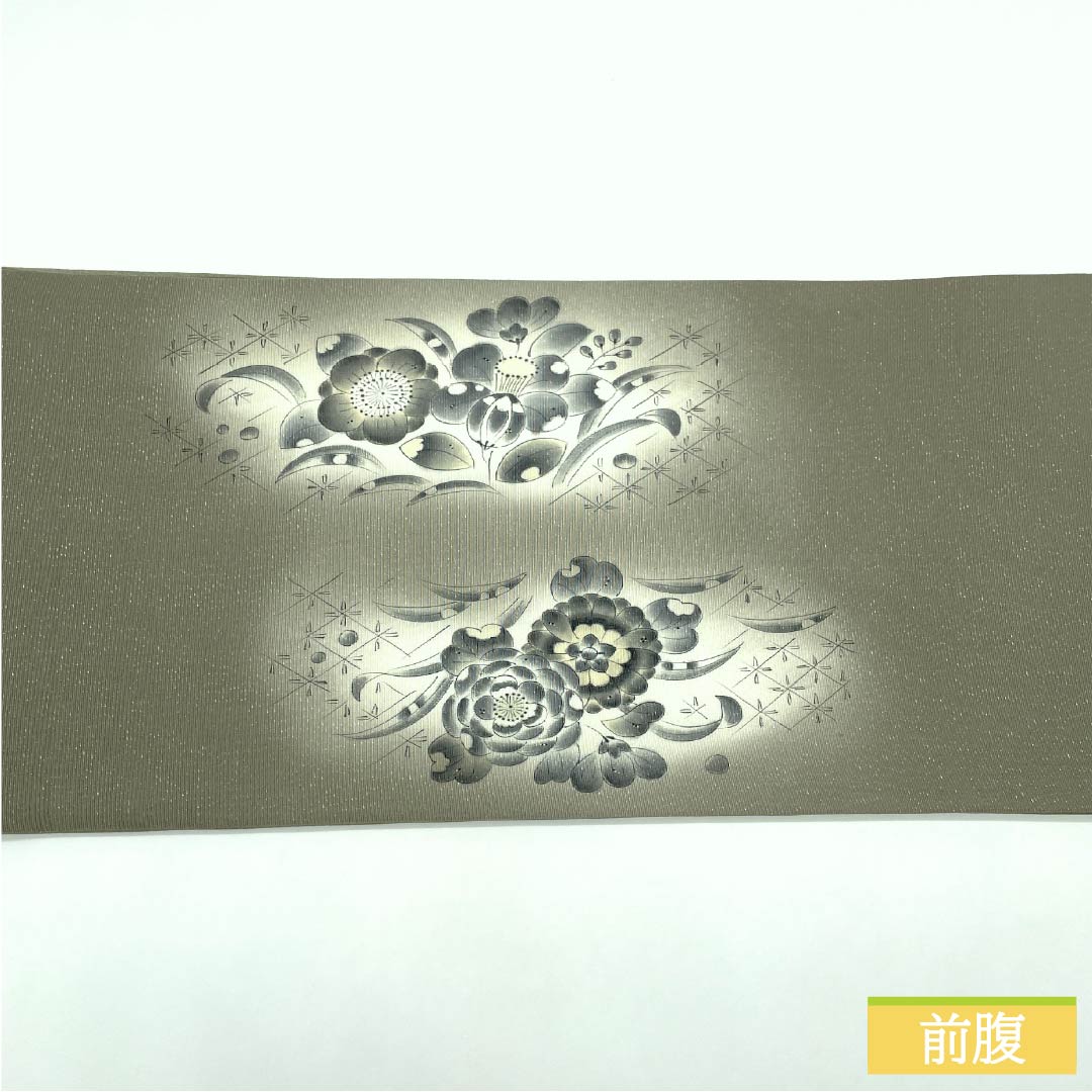 Silk Fukuro Obi (Sash) in Rikyu Nezumiiro (Gray) with Tsujigahana (Flower) motif, Length: 460cm, S-Rank, Pointed Design, Semi-Formal, Gray, Product Number: 1123014972422