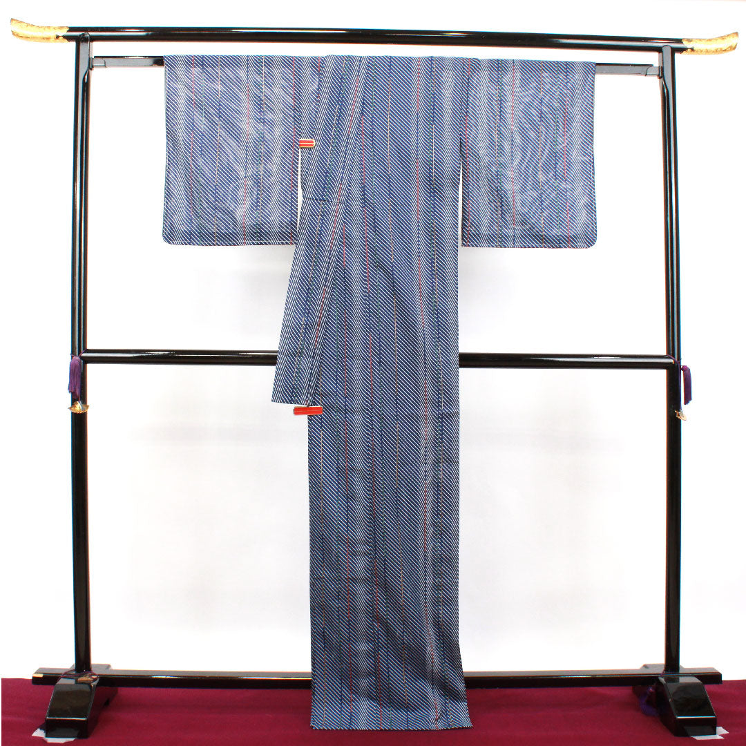 夏物 ポリエステル 小紋 身丈170.5cm 裄丈65cm 紺桔梗色(こんききょういろ) 幾何学模様 洗える着物 しつけ糸付き 絽 Sランク 紺系 1132001552618