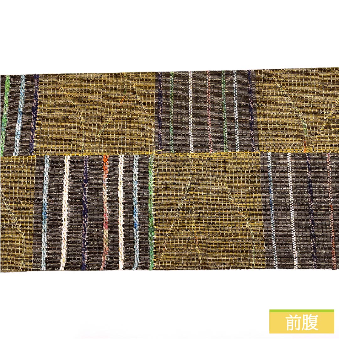 袋帯 正絹 黄橡色(きつるばみいろ) 市松 横縞 帯丈448cm Sランク 六通 カジュアル グラデーション系 1123012492399