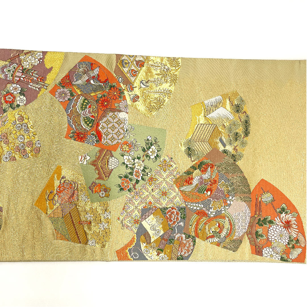 Fukuro Obi (Bag) with auspicious motif, obi length 424cm, pure silk, S rank, six-pass, formal, gold, 1123002682321