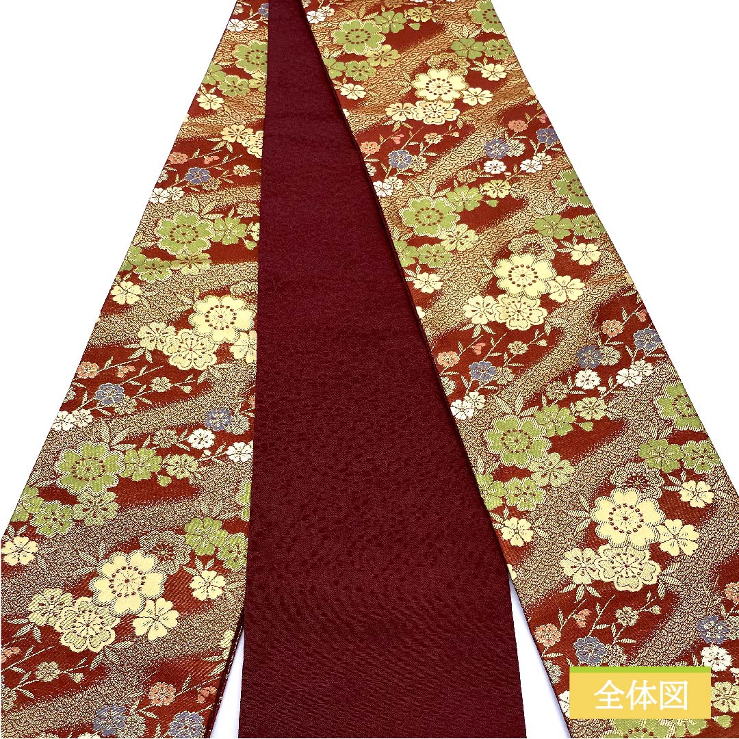 【Unstitched】Half-width Obi Polyester S-rank Shrimp Red (Ebi-akairo) Cherry Blossom Floral Seigaiha Classic Pattern Obi Length 412cm Brown Family 1125001162414