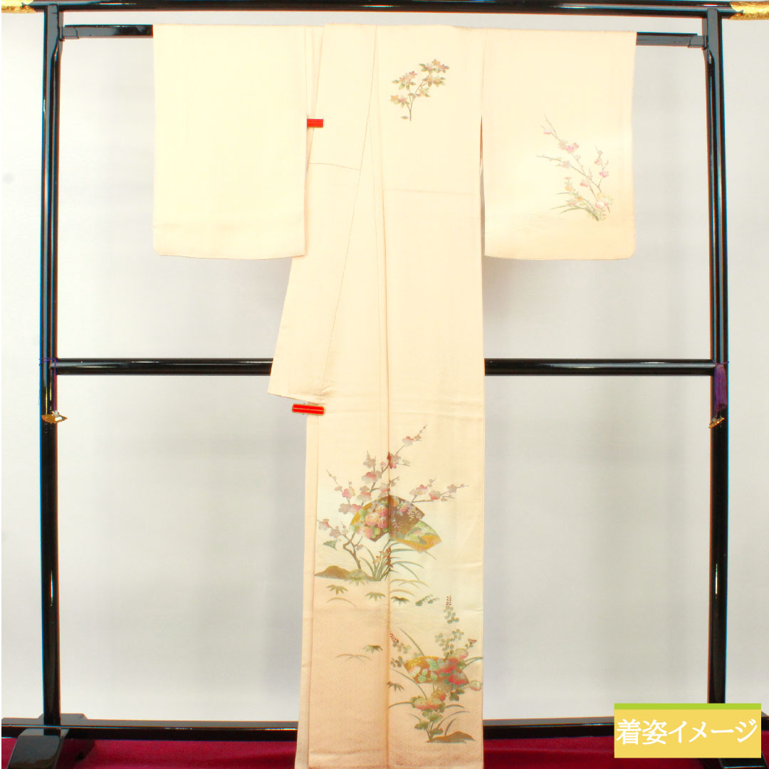 Homongi, pure silk, lined, length 164.5cm, sleeve length 65.5cm, maiden color, Kyoto Yuzen, gold leaf finish, floral pattern, pearl tone finish, S rank, pink, 1112004402413