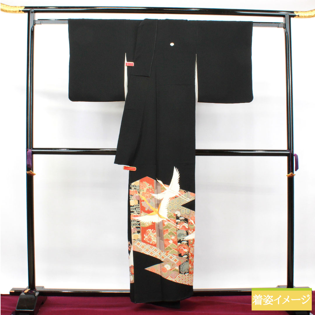 黒留袖 正絹 身丈156.5cm 裄丈62.5cm 袷 京友禅 鶴 吉祥文様 五つ紋 五三桐 Sランク 五つ紋 黒系 1111001182310