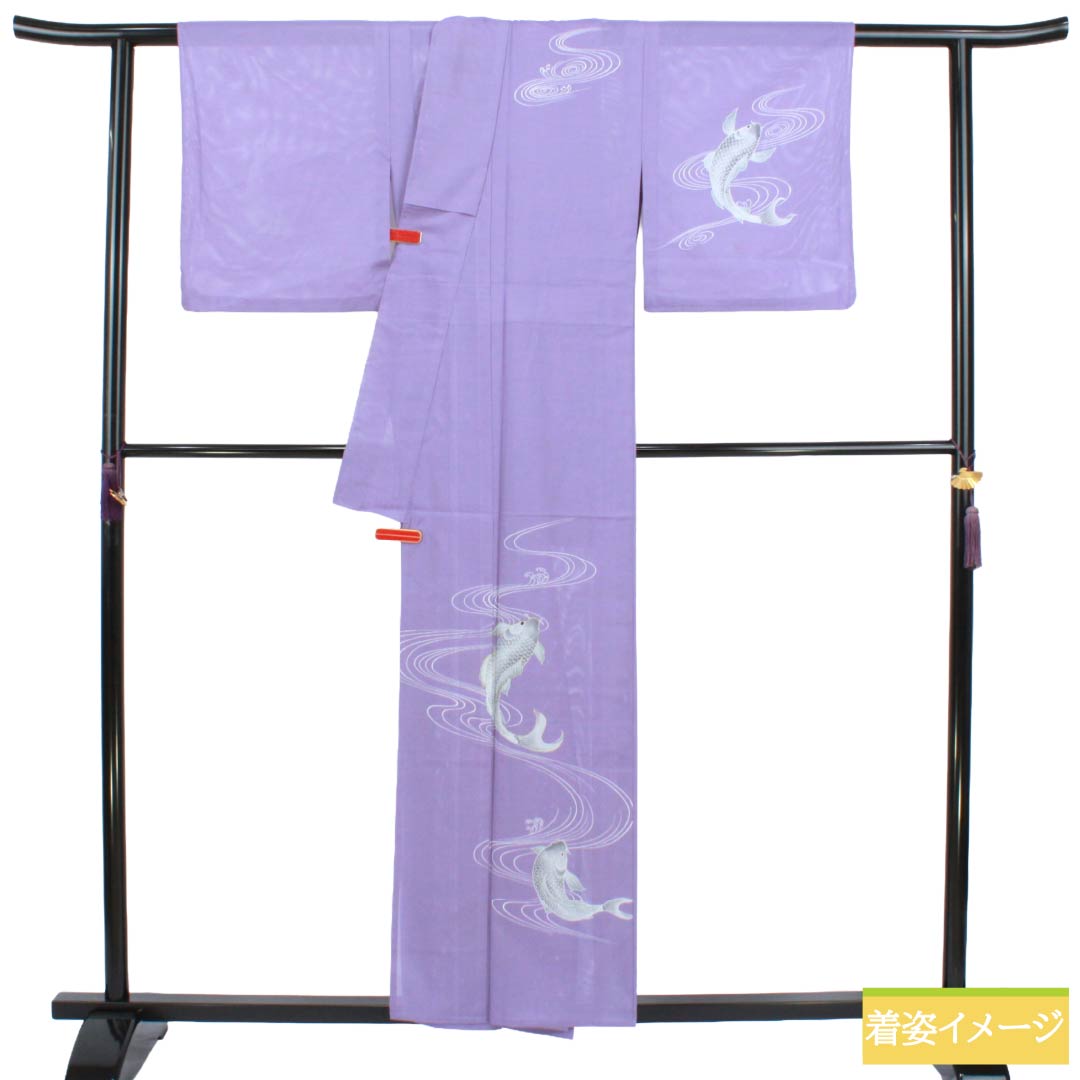 夏物 ポリエステル 訪問着 Bランク 身丈155.5cm 裄丈63cm 紫苑色(しおんいろ) 付下げ 鯉 流水 絽 紫系 1132004474320