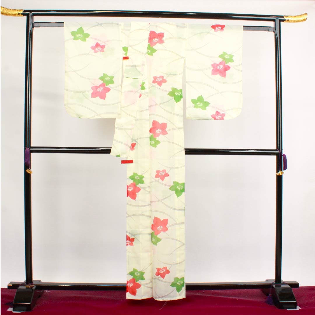 夏物 ポリエステル 訪問着 身丈160cm 裄丈65cm 白百合色(しらゆりいろ)露芝 花模様 絽 Aランク クリーム系 1132000083415
