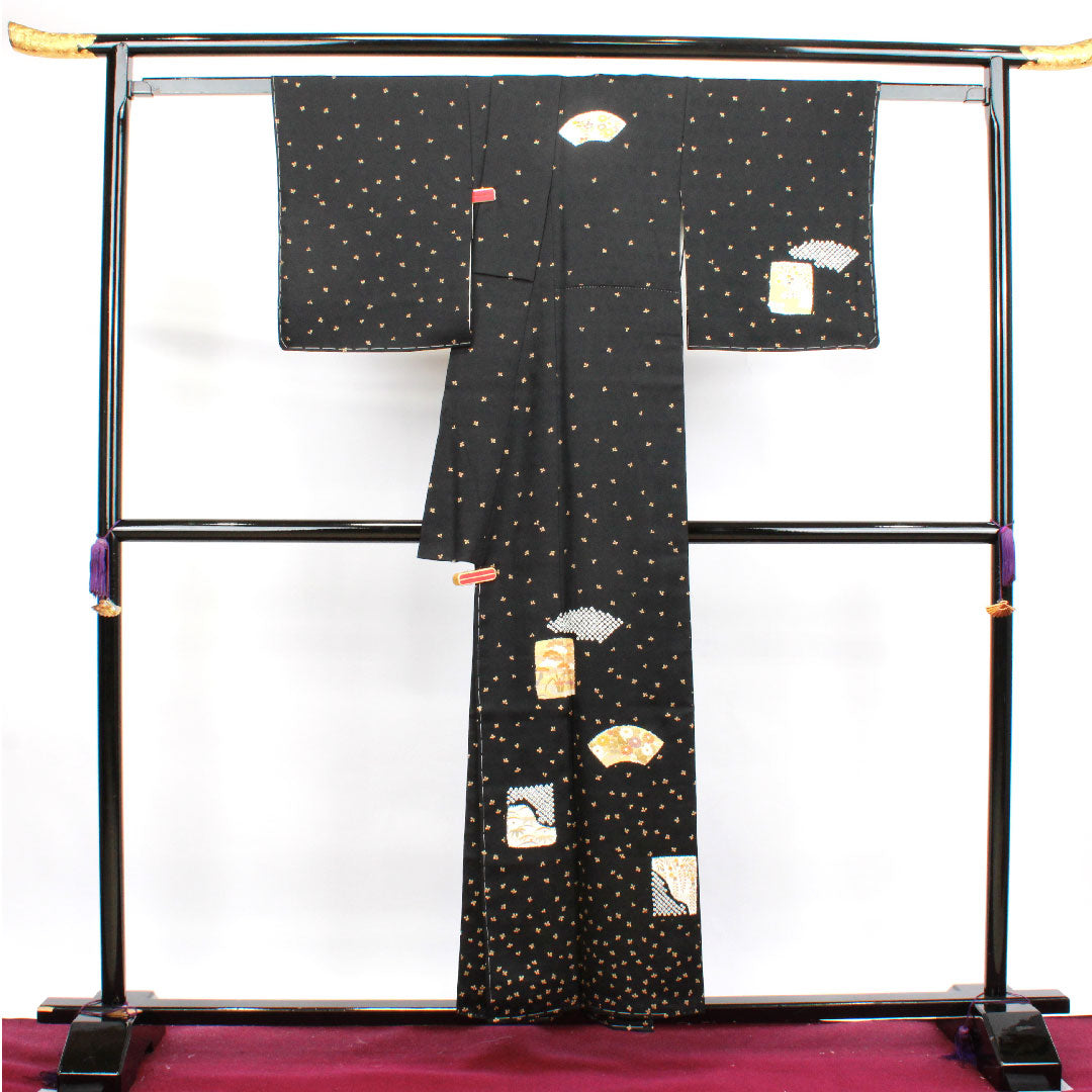 Homongi, lined, length 155cm, sleeve length 61.5cm, with basting thread, unused, Kyo-Yuzen, auspicious pattern, pure silk, S rank, black, 1112002662310