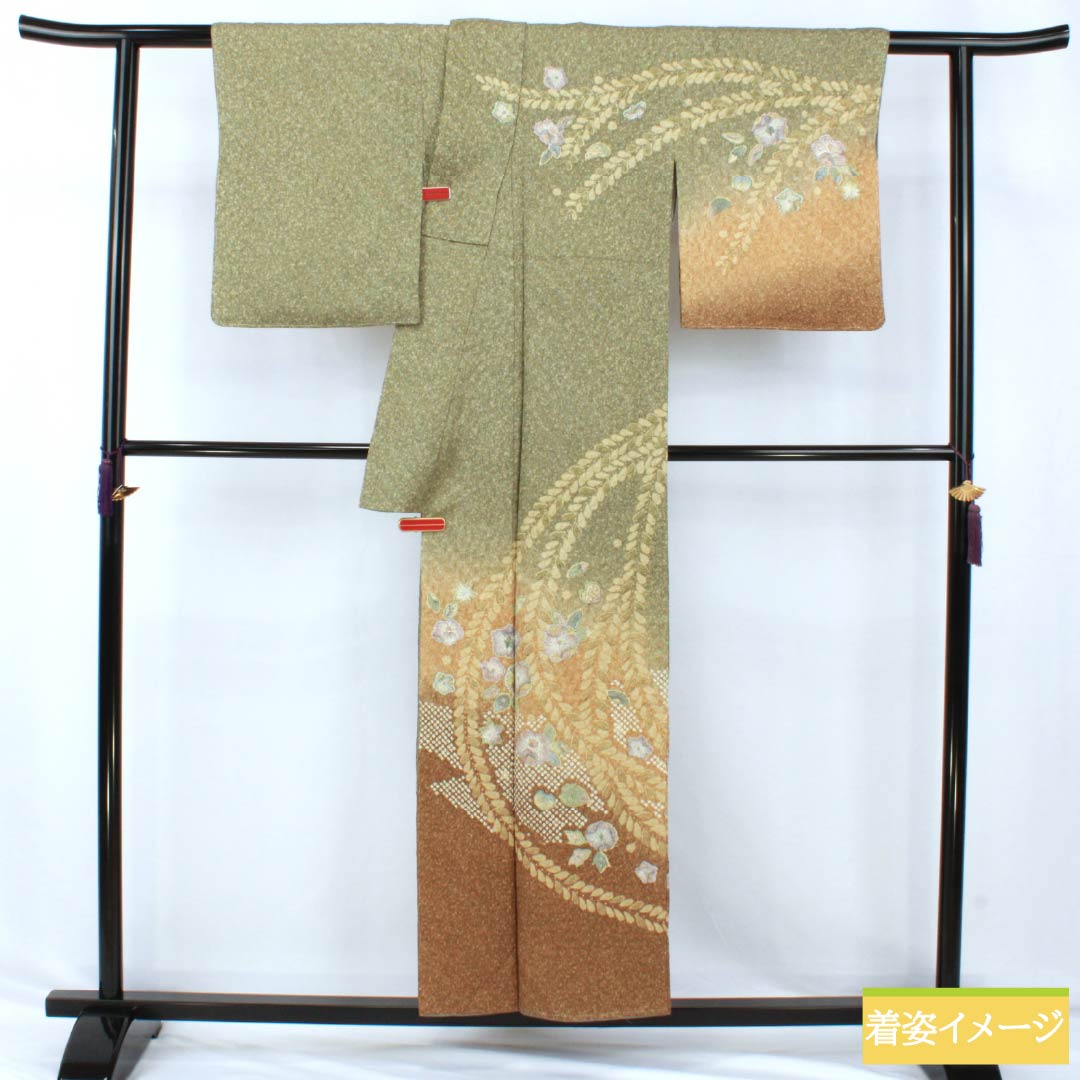 訪問着 正絹 Sランク 袷 身丈155cm 裄丈64.5cm 利休生壁色(りきゅうなまかべいろ) 絞り 辻が花 しつけ糸付き 作家物 緑系 1112006862319