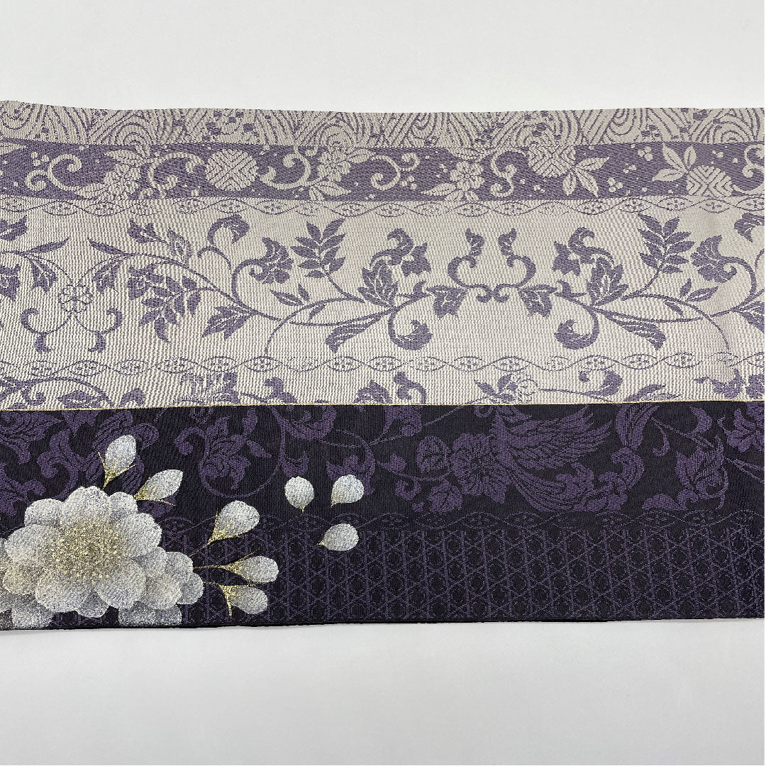 Reversible Fukuro Obi with Sakura Arabesque, Grapes and Phoenix, Length 462cm, Pure Silk, S Rank, Fully Open, Semi-Formal, Gray, 1123004992422