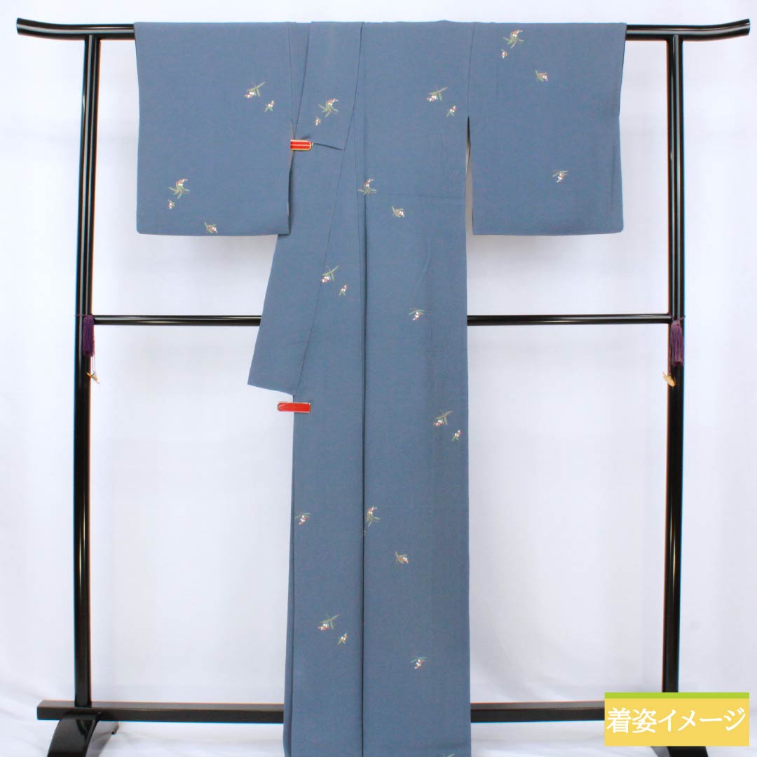 Komon (small pattern) kimono, pure silk, A rank, length 165cm, sleeve length 68cm, lined, lining color (urai-iro), small floral print, crepe fabric, pearl tone finish, blue, 1115007293517
