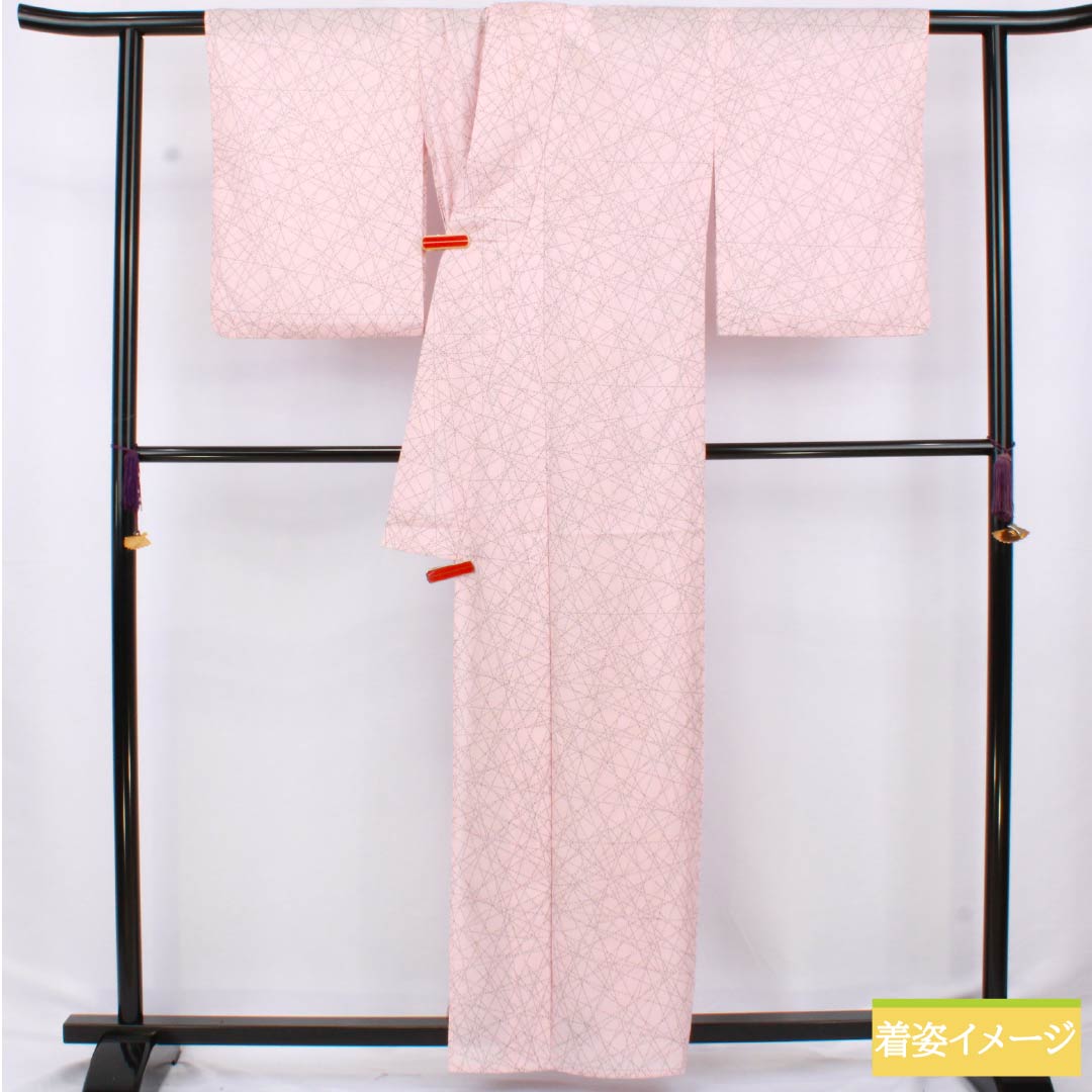 夏物 ポリエステル 小紋 身丈159.5cm 裄丈64cm 曙色(あけぼのいろ) 点 線 洗える着物 絽 Bランク ピンク系 1132002464313