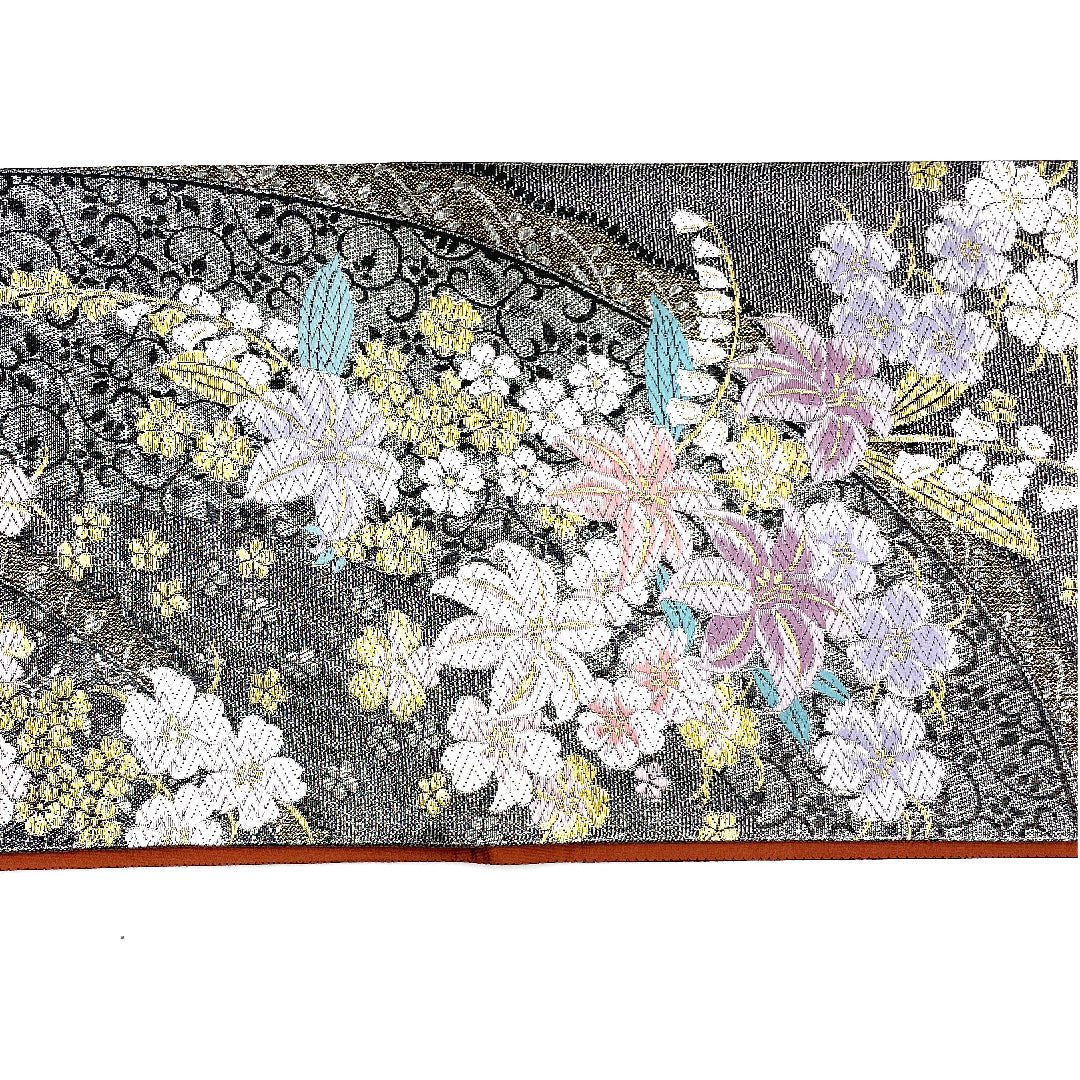 【未仕立】袋帯 正絹 NEWランク 花柄 振袖用 桜 帯丈455cm 六通 セミフォーマル 黒系 1123002501410