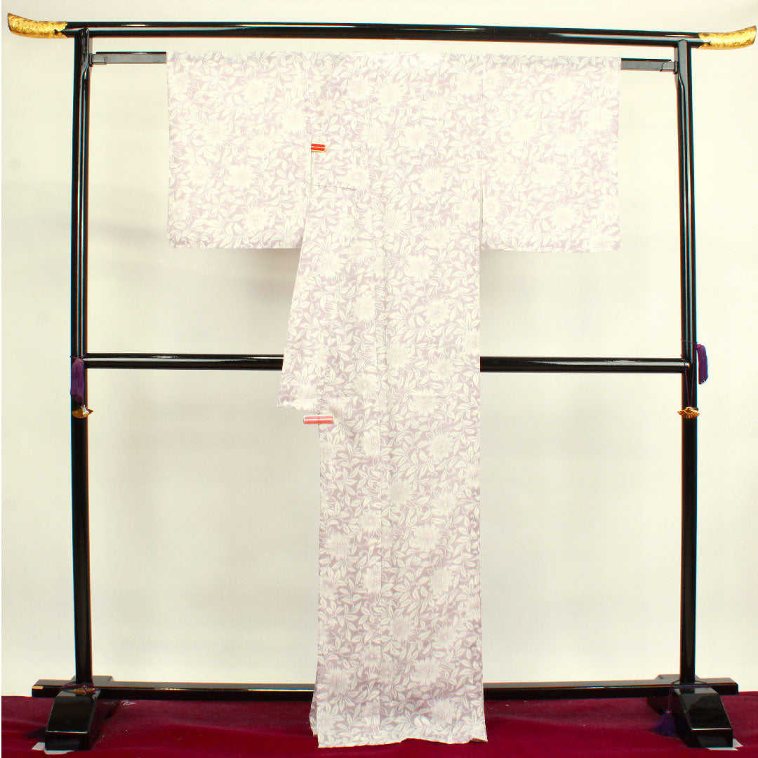 Summer kimono, polyester, small pattern, length 169cm, sleeve length 67.5cm, ash cherry color, daisy, with basting thread, washable kimono, gauze, S rank, purple, 1132000462520