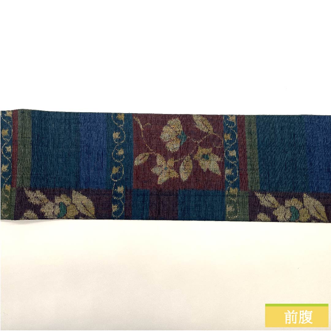 名古屋帯 藍鉄色(あいてついろ)花柄 帯丈364cm 正絹 Sランク 六通 カジュアル 紺系 1124006112318 名古屋仕立て