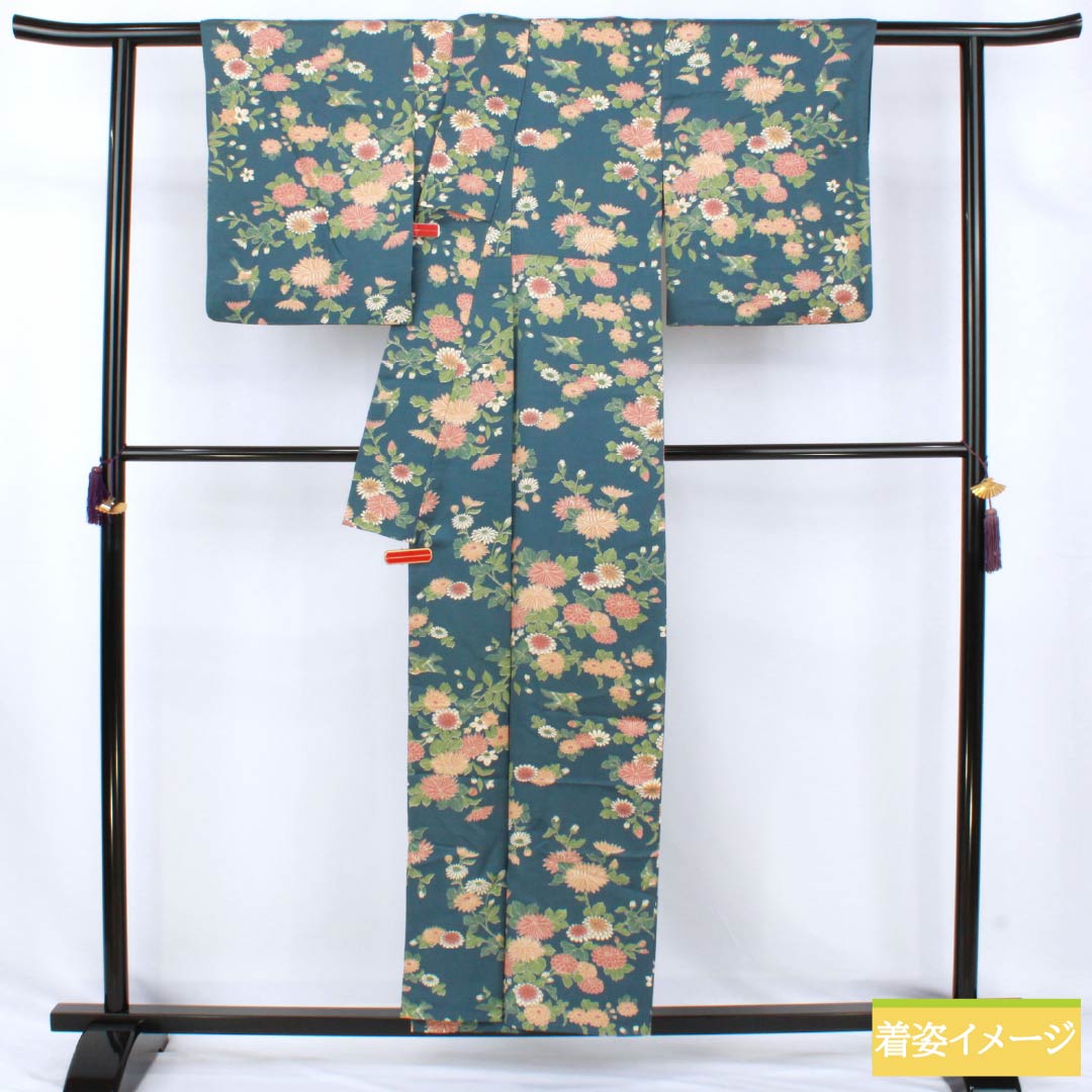 Polyester Komon, Rank A, Length 155.5cm, Sleeve-to-sleeve 62cm, Unlined, Ura-iro color, Katazome, Chrysanthemum, Bird, Washable Kimono, Blue, 1115007893317