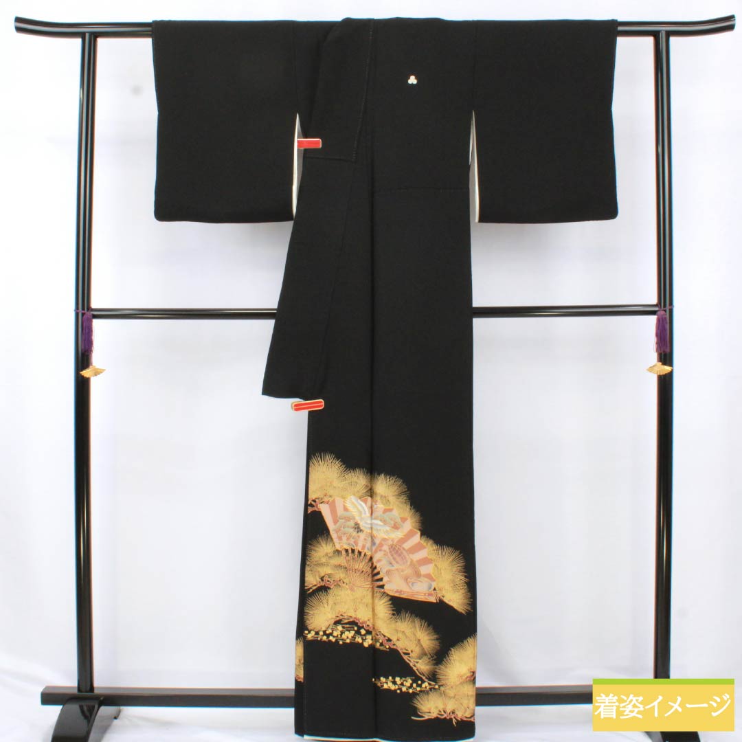 Black formal kimono, pure silk, A-rank, length 160.5cm, sleeve length 64cm, lined, five crests, three oaks, crane, pine, turtle, fan design, black, 1111001903410