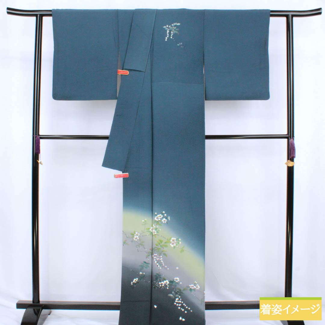 訪問着 正絹 Aランク 袷 身丈165.5cm 裄丈67cm 裏色(うらいろ) 京友禅 付下げ 草花 青系 1112006773517