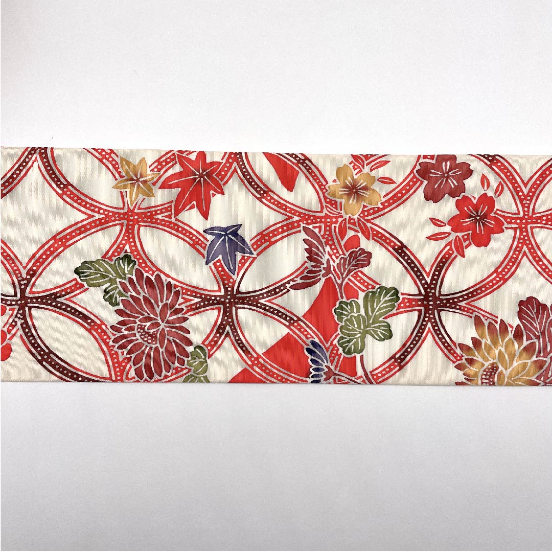 Nagoya obi, scarlet, Shippo Tsunagi, floral pattern, obi length 383cm, pure silk, S rank, point pattern, casual, vermilion, 1124004512316, Nagoya style