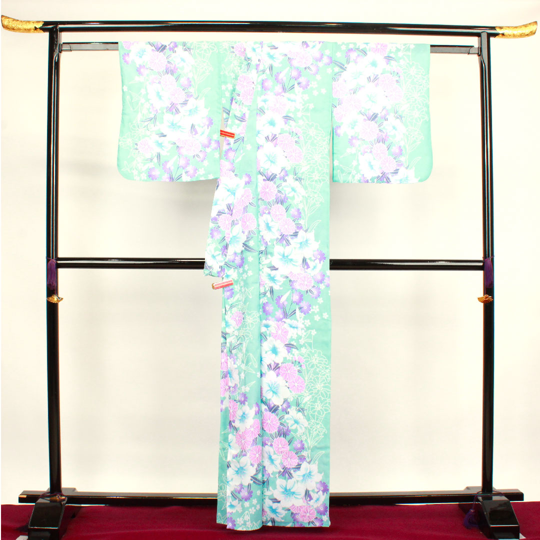 浴衣 水浅葱色 草花模様 ポリエステル Sランク 単衣 身丈162.5cm 裄丈66.5cm 水色系 1118001542424