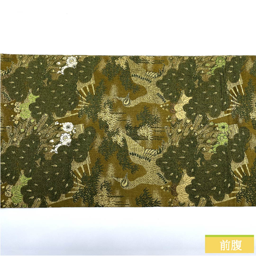 袋帯 正絹 路考茶色(ろこうちゃいろ) 丸帯 孔雀 松竹梅 扇面 帯丈394cm Sランク 全通 フォーマル 黄系 1123011282323