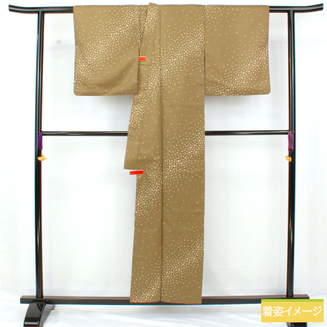 Small pattern, polyester, length 156cm, sleeve length 66.5cm, lined, antique brown, washable kimono, fan, S rank, green, 1115004602319