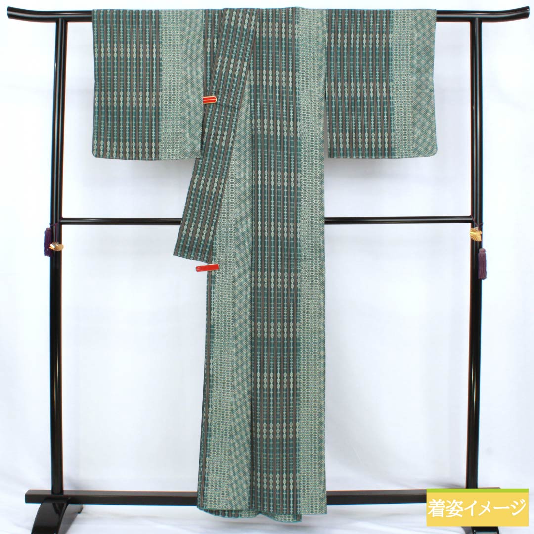 Polyester Komon, Rank S, Length 158cm, Sleeve-to-shoulder 65.5cm, Lined, Chalcanthite (Tanbairo) Color, Stenciled Dyeing, Abstract Pattern, Half-lined, Washable Kimono, Green-based, 1115007932319