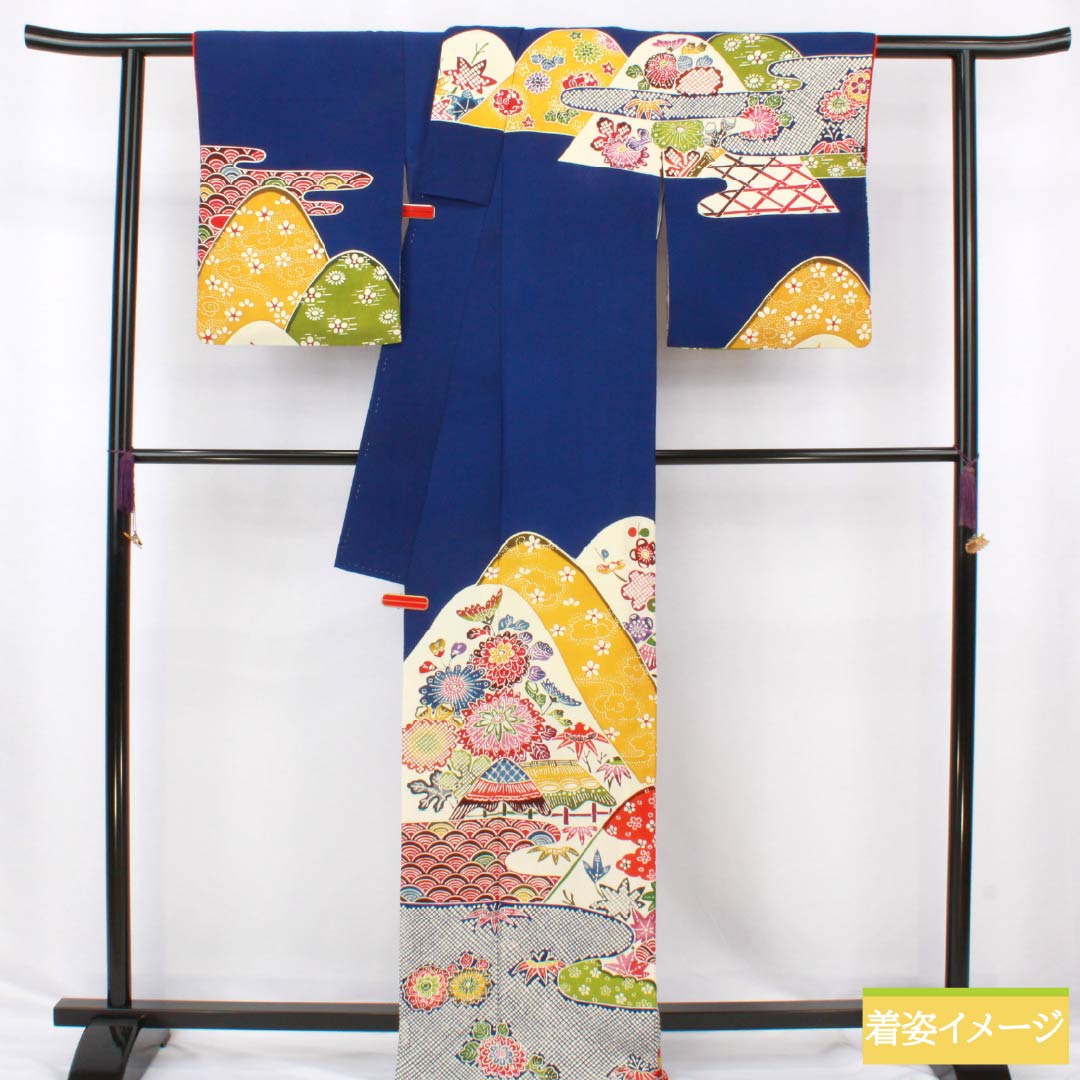訪問着 正絹 Bランク 袷 身丈167.5cm 裄丈64.5cm 瑠璃色(るりいろ) 京紅型 紅型調 風景模様 半衿付き 青系 1112006684517