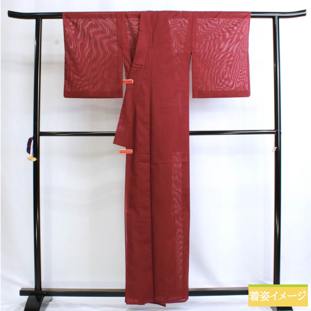 夏物 ポリエステル 色無地 Sランク 身丈159.5cm 裄丈64cm 臙脂色(えんじいろ) 洗える着物 絽 赤系 1132003222312