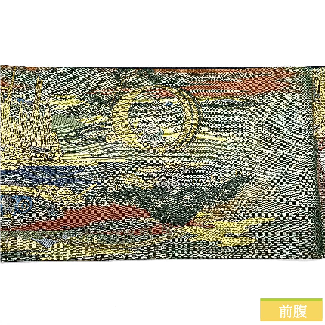 袋帯 正絹 玉虫色 留袖用 時代人物風景模様 帯丈437cm Sランク 全通 フォーマル 緑系 1123010922319