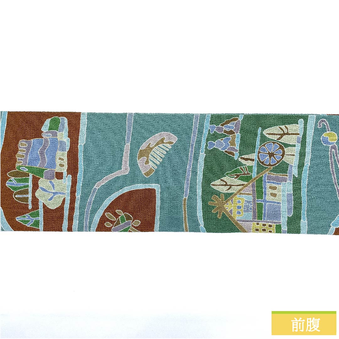 Nagoya obi, indigo blue, crepe fabric, dyed obi, landscape pattern, obi length 369.5cm, pure silk, S rank, full length, casual, green, 1124006092319, Nagoya style