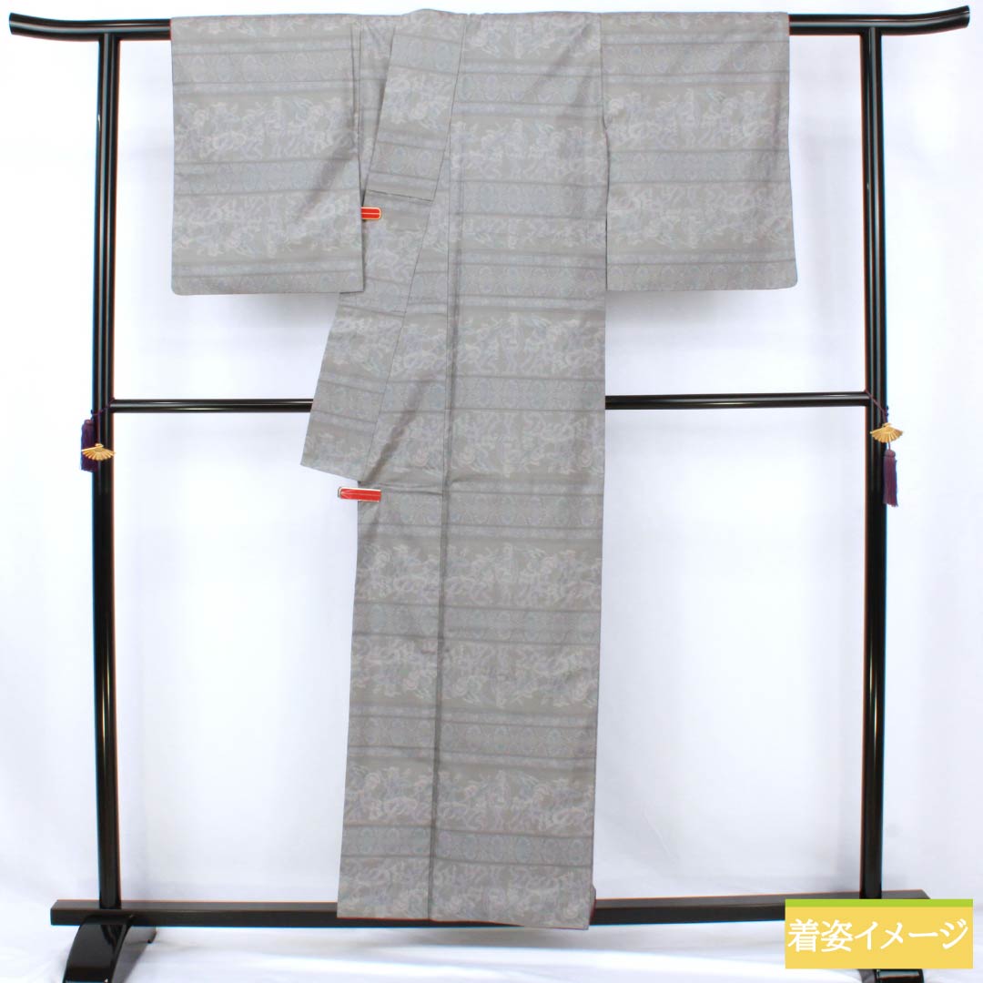 Genuine Oshima Tsumugi Silk, Grade A, Length 156cm, Sleeve Length 63cm, Gray, Mud-dyed, Horizontal Double Kasuri Pattern, Lined, Gray, Product Number: 1116004663322