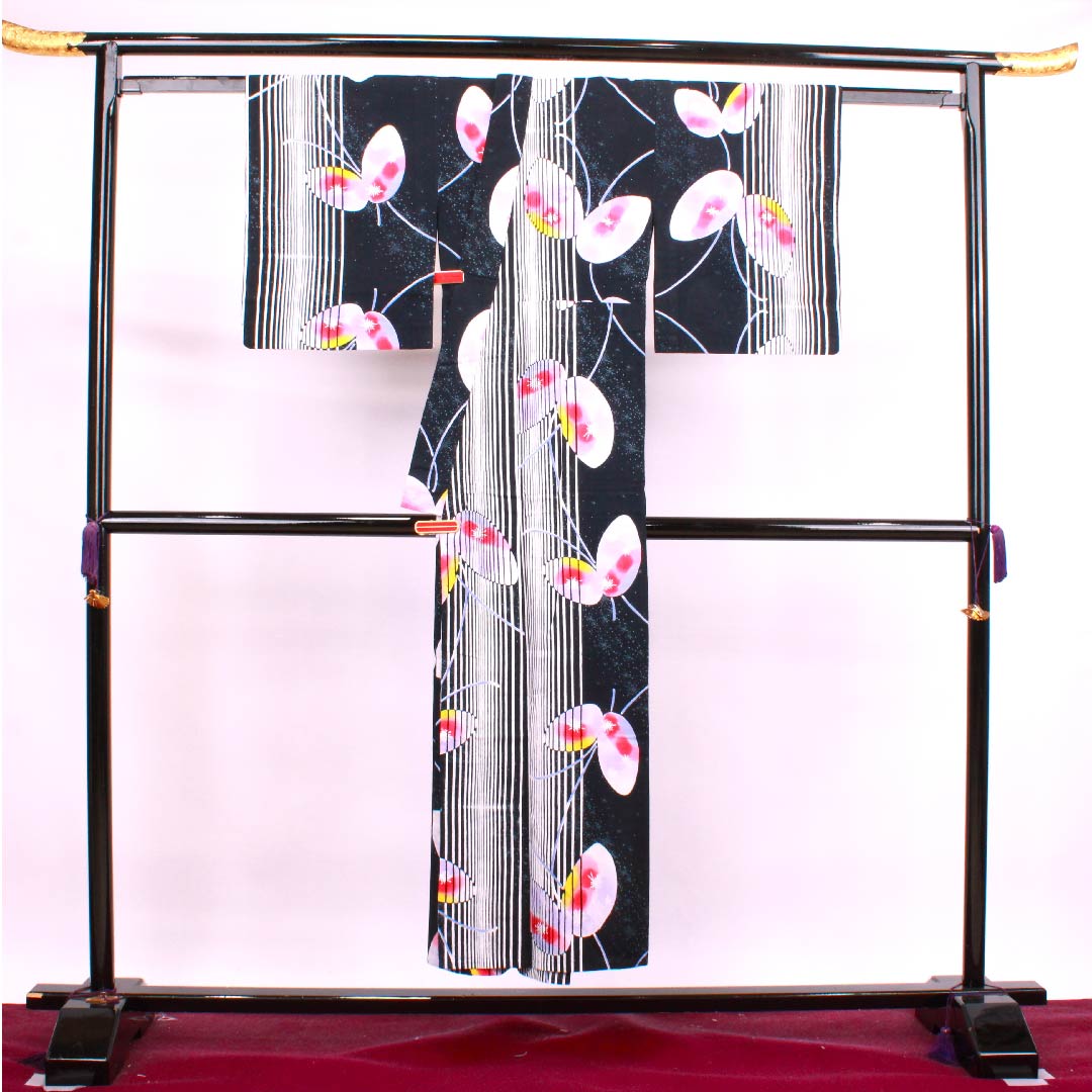浴衣 黒色 蝶 縦縞 星 木綿 Sランク 単衣 身丈148.5cm 裄丈61.5cm 黒系 1118004322110