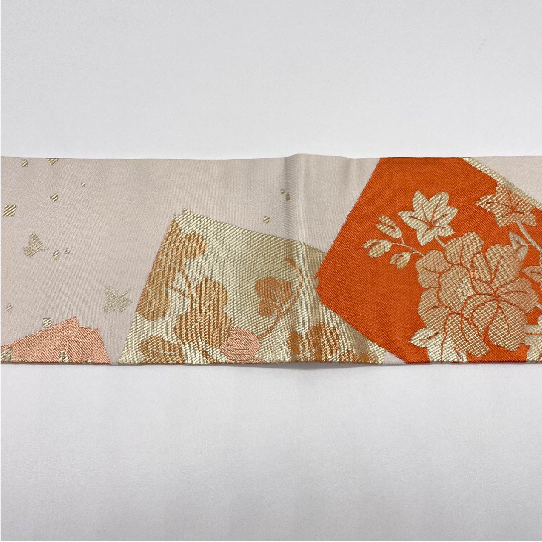 Nagoya obi, chalk color, floral pattern, obi length 356cm, poly, S rank, six-pass, semi-formal, white, 1124003372311, Nagoya style