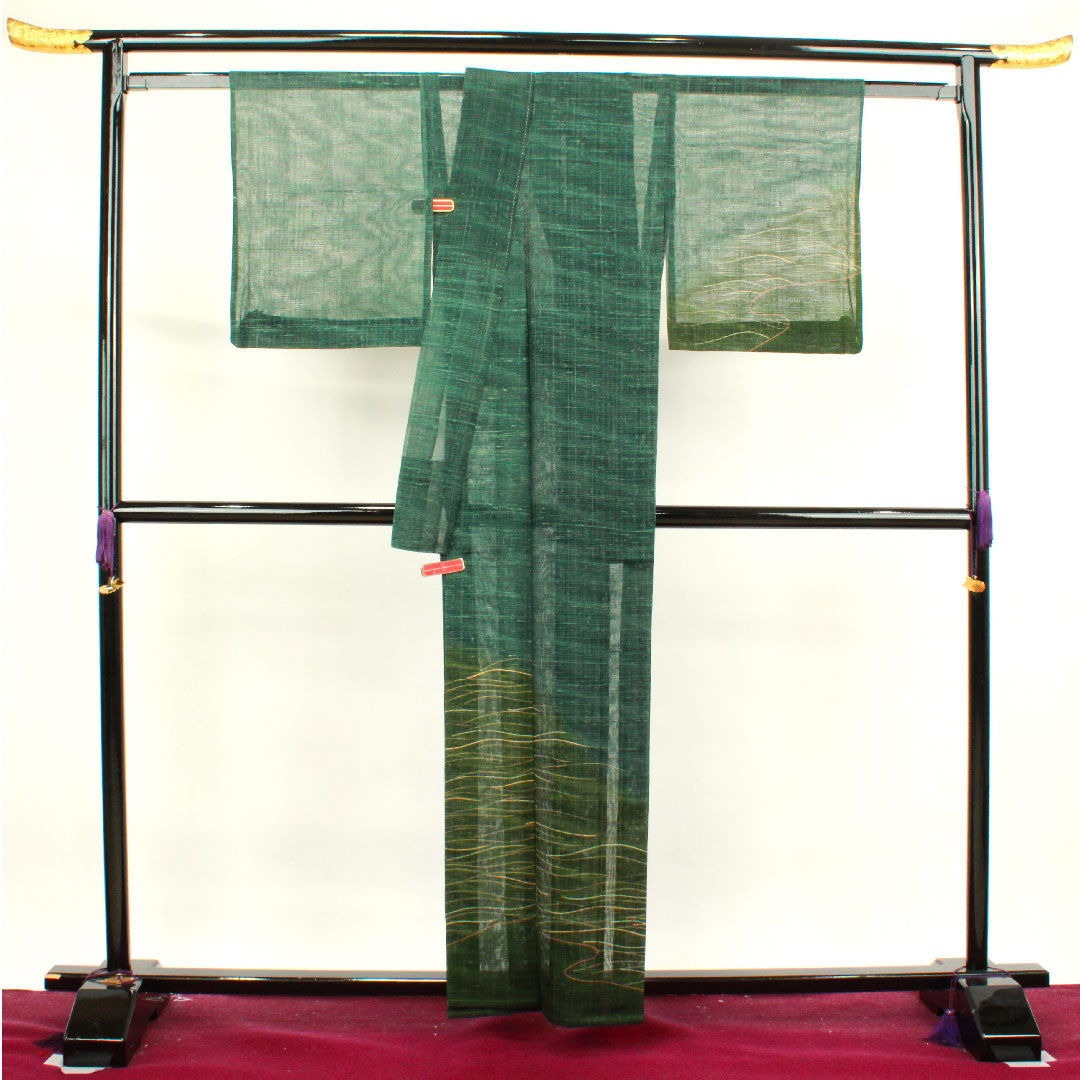 Summer pure silk formal kimono, length 160cm, sleeve length 65cm, dark green, abstract pattern, pongee fabric, S rank, green 1132000572419