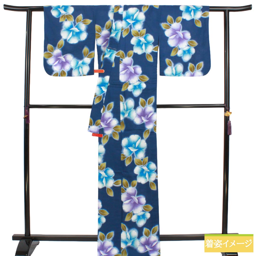 浴衣 木綿 Sランク 身丈167.5cm 裄丈65.5cm 韓藍色(からあいいろ) 椿 型染 単衣 紺系 1118006932518