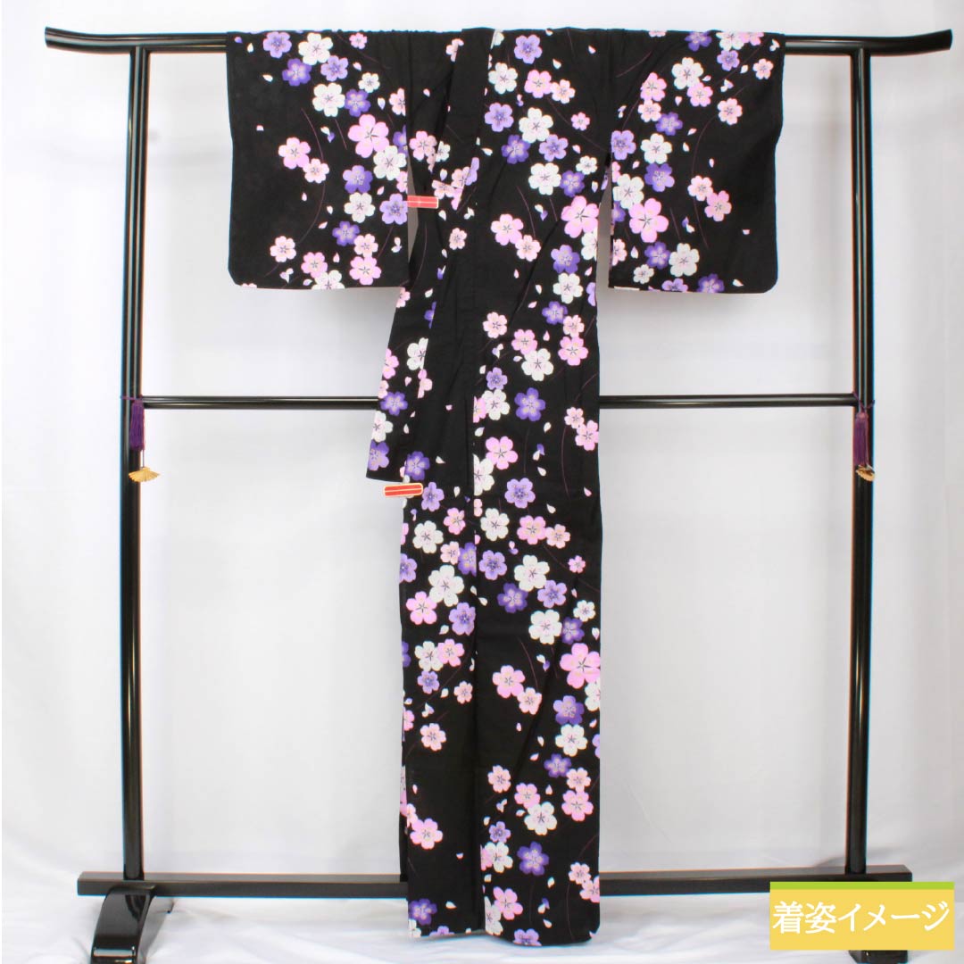 浴衣 木綿 身丈166.5cm 裄丈62.5cm Sランク 単衣 黒系 桜 1118005932510