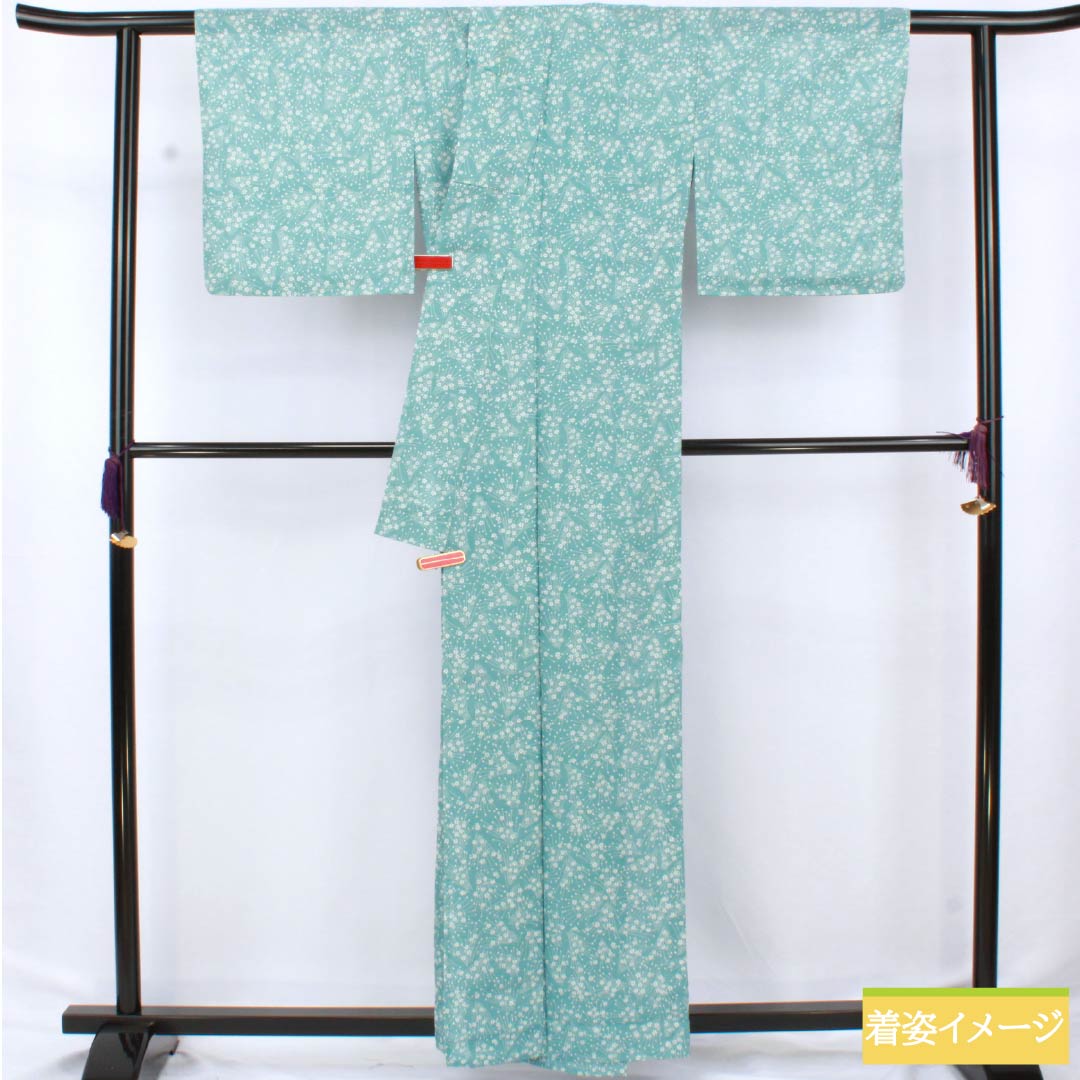 夏物 ポリエステル 小紋 身丈161cm 裄丈64cm 水浅葱色(みずあさぎいろ) 小花 洗える着物 絽 Aランク 水色系 1132002473424