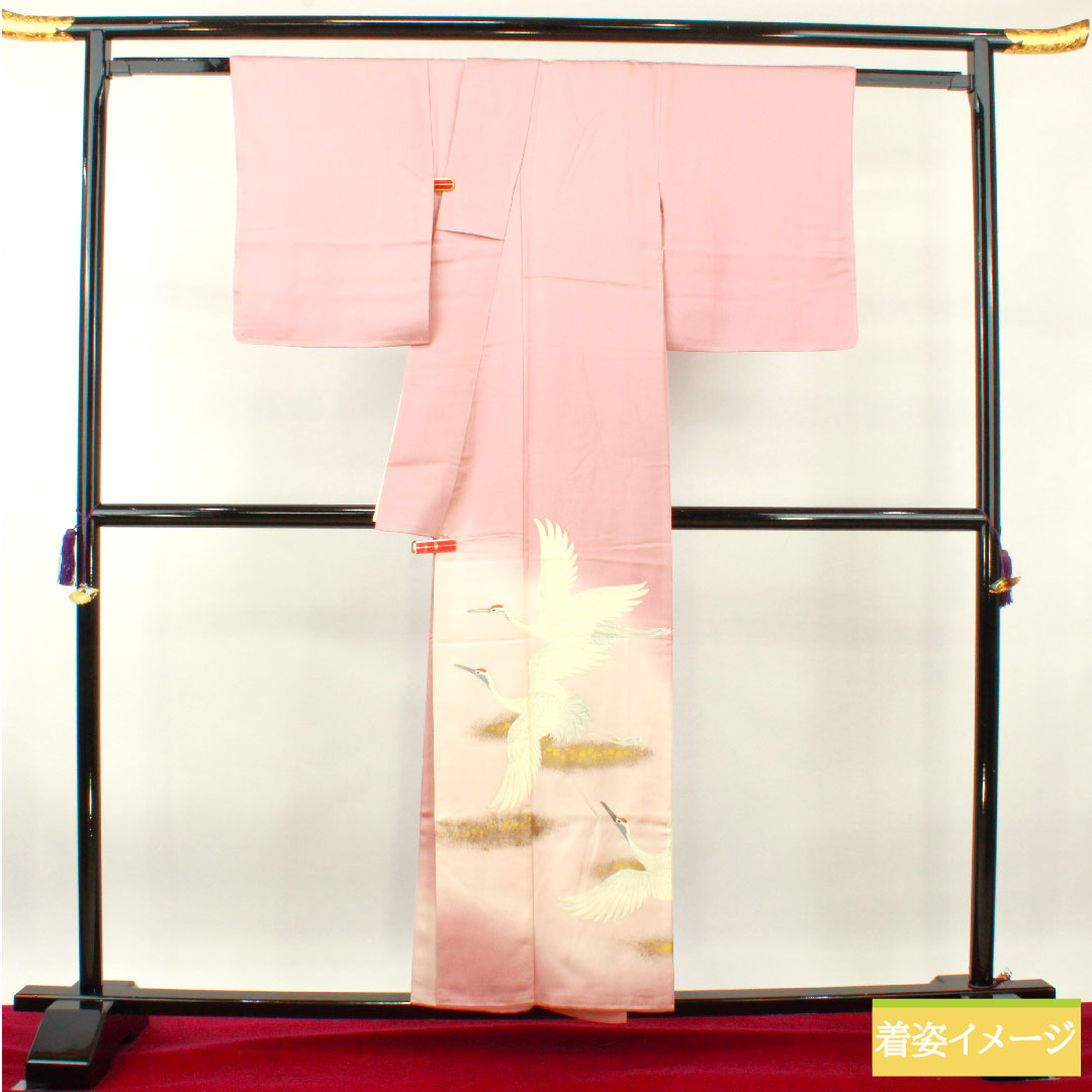 色留袖 正絹 身丈154.5cm 裄丈62.5cm 袷 退紅色(あらそめいろ) 京友禅 鶴 三つ紋 違い鷹の羽 Sランク 三つ紋 ピンク系 1111001232213