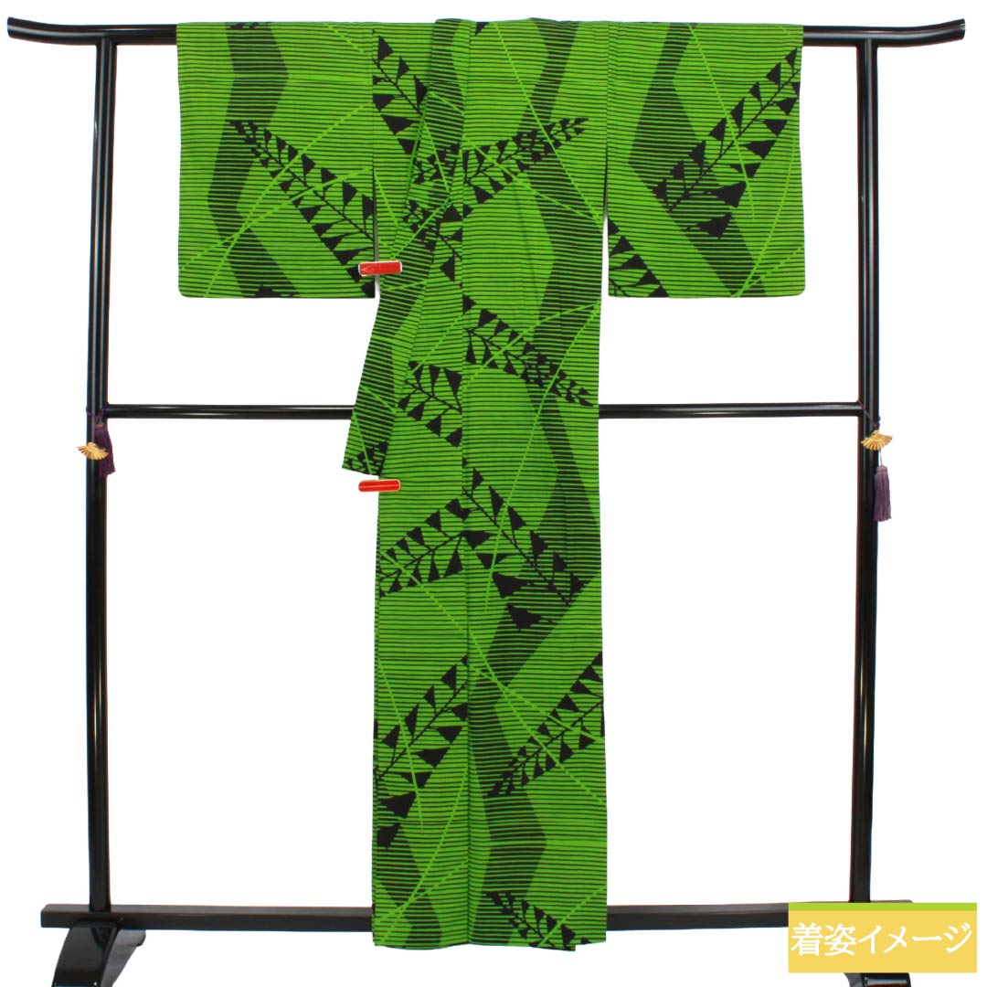 浴衣 木綿 Aランク 身丈158cm 裄丈66.5cm 常盤色(ときわいろ) 抽象模様 型染 単衣 緑系 1118006863319