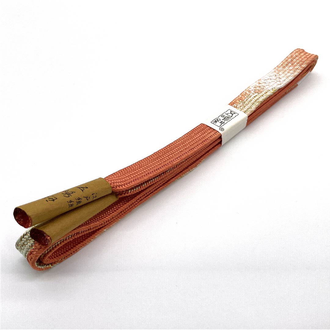 (新古品) 帯締め 正絹 四分紐 樺桜色(かばざくらいろ) 五嶋紐 江戸組紐 金属糸使用 長さ約162cm 幅約1.7cm セミフォーマル Sランク 橙系 1135002422326