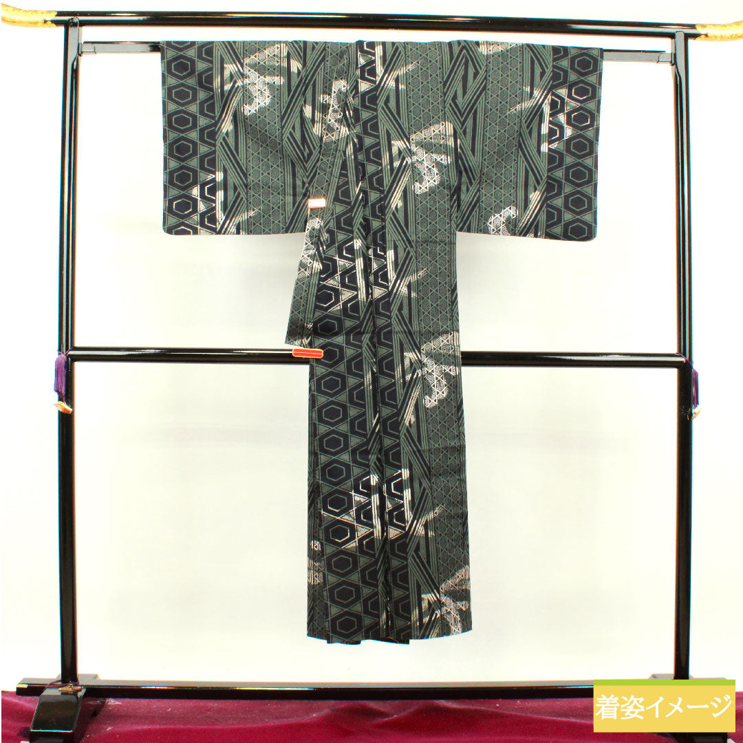 Yukata Cotton Length 142.5cm Sleeve length 67.5cm S rank Single layer Green Shimamatsunezuiro Men's Geometric pattern 1118004892419