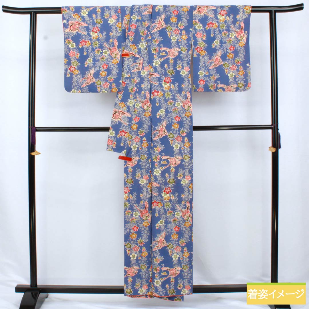 Komon (small pattern) silk, A-rank, length 155.5cm, sleeve length 63.5cm, lined, navy wisteria color, stencil dyeing, crane, plum, blue tones, 1115006863317