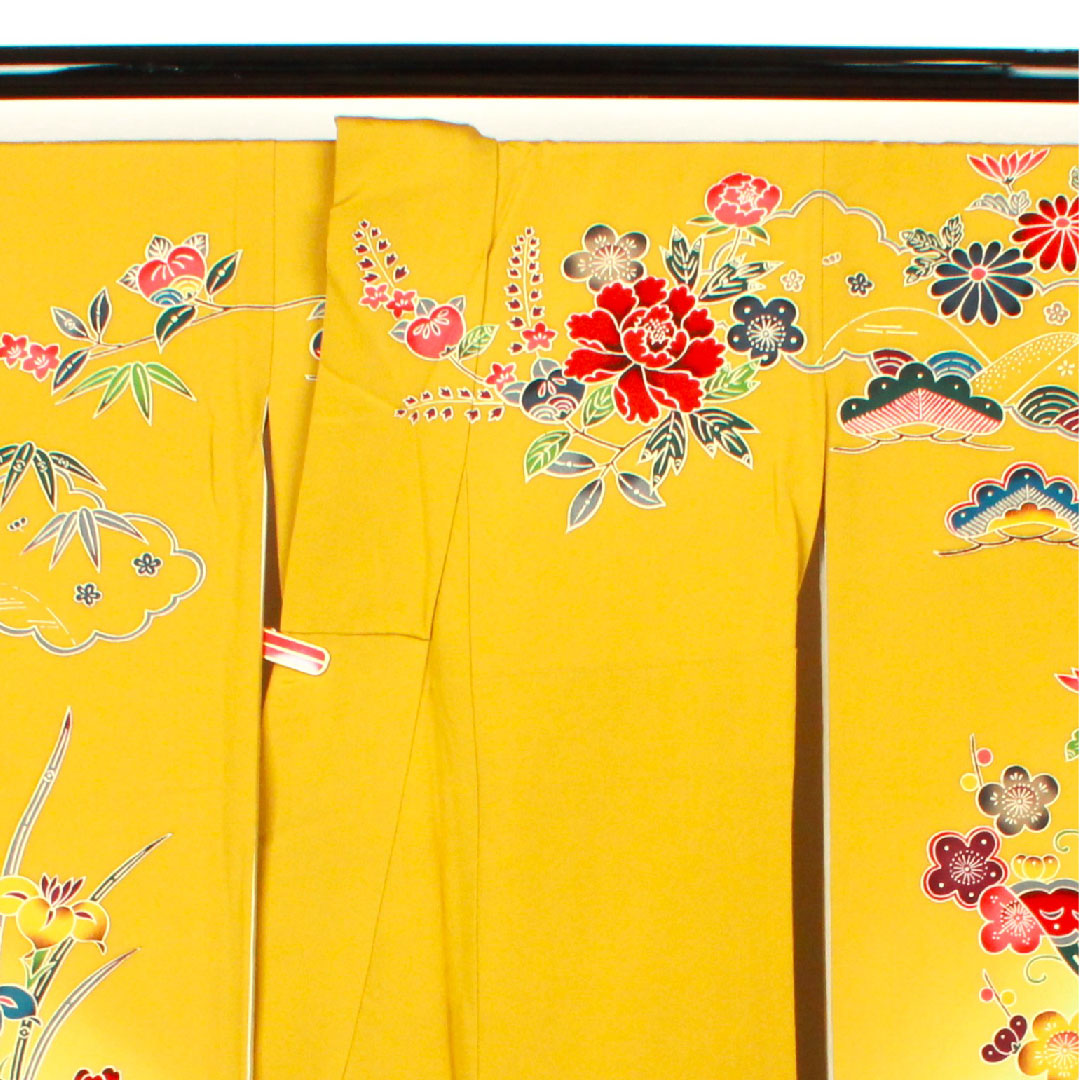 Long-sleeved kimono, length 155.5cm, sleeve length 64.5cm, lined, mustard color, Kyoto Bingata, floral pattern, pure silk, A rank, yellow, 1113000893323