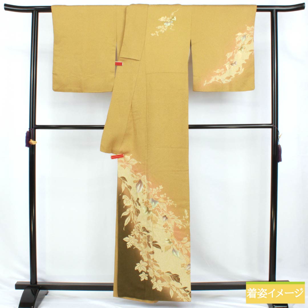 訪問着 正絹 Sランク 袷 身丈159cm 裄丈67cm 梅谷渋色(うめやしぶいろ) 付下げ 京友禅 蒔蝋縮緬 作家物 草花 黄系 1112007652323