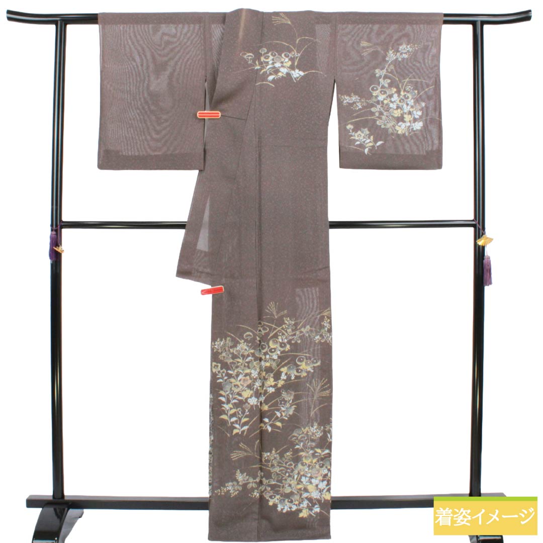 夏物 正絹 訪問着 Bランク 身丈165.5cm 裄丈65cm 都鼠色(みやこねずいろ) 京友禅 タタキ染 秋草 絽 茶系 1132005104514