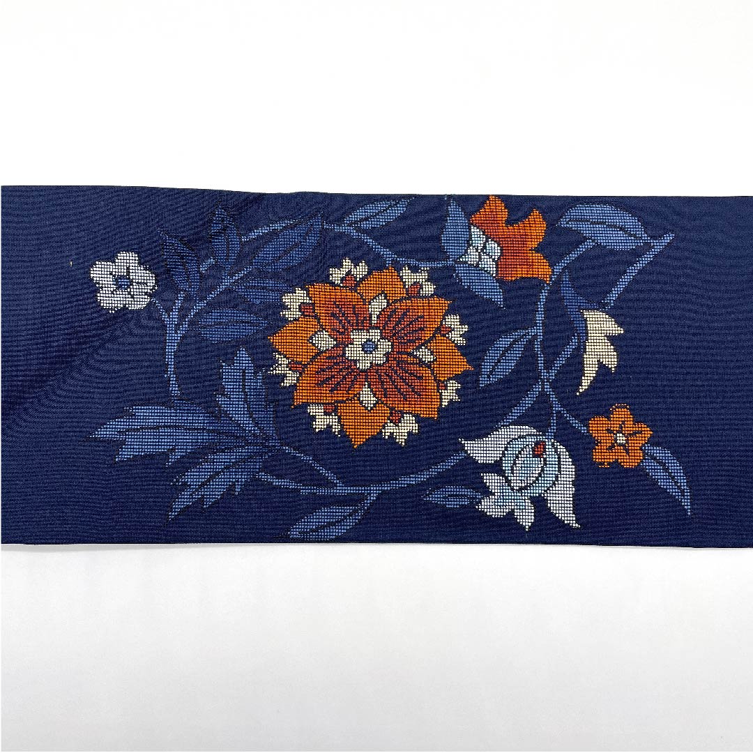 Nagoya obi, navy blue, Chinese flower pattern, obi length 356cm, pure silk, A rank, point pattern, casual, navy blue, 1124003033318, Nagoya style