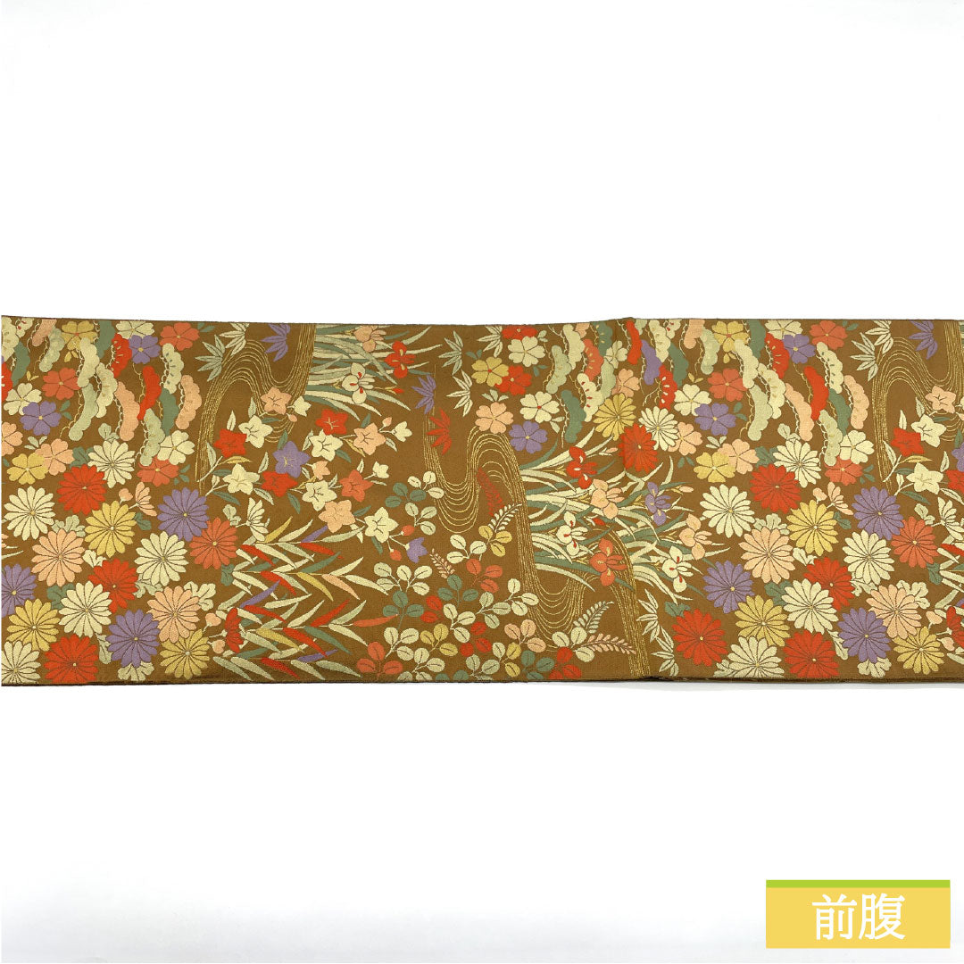 A-Rank Pure Silk Obi with Shoba Weave, Flowing Water and Floral Pattern, Length 432cm, Six-Ply, Semi-Formal, Brown, Product Number: 1123016743314