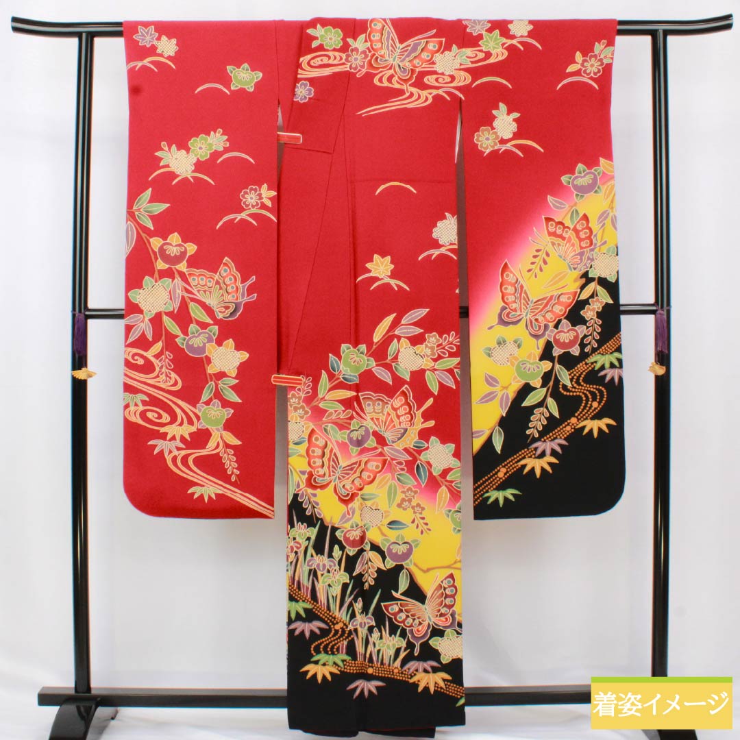 振袖 正絹 Aランク 身丈158.5cm 裄丈67cm 袷 紅赤色(べにあかいろ) 京紅型 吉祥文様 蝶 菖蒲 橘 赤系 1113002283312