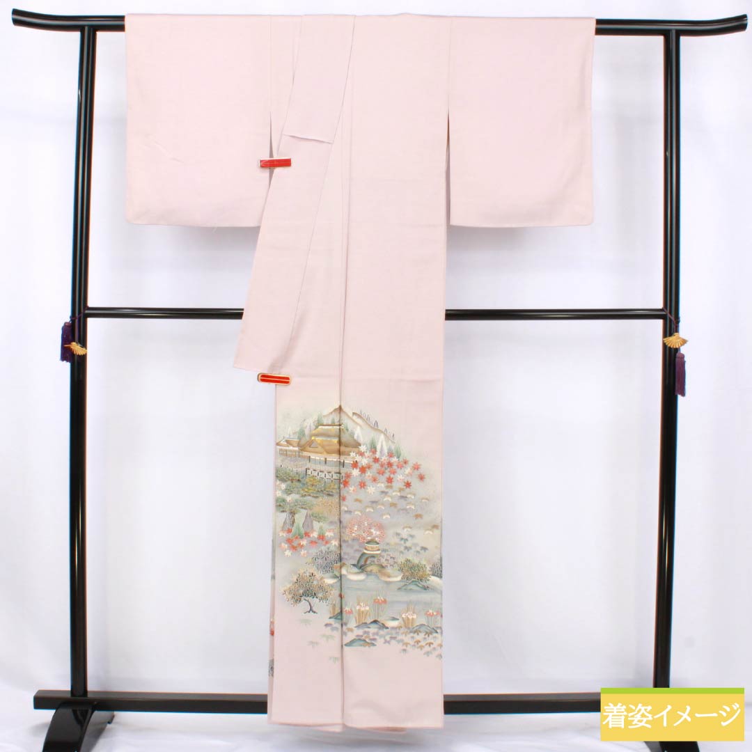 色留袖 正絹 Aランク 身丈157.5cm 裄丈62cm 袷 桜色(さくらいろ) 一つ紋 下り藤 京友禅 風景模様 作家物 しつけ糸付き 一つ紋 ピンク系 1111002003313